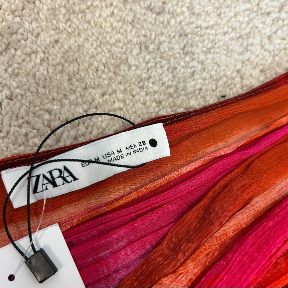 Zara red pink tie-dye BoHo V-neck midi dress Sz M tropical beach vacation NWOT - Picture 9 of 16